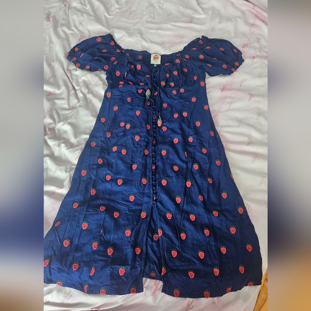 FARM Rio Navy Strawberry Print Button-Front Dress with Crochet Strawberry Ties